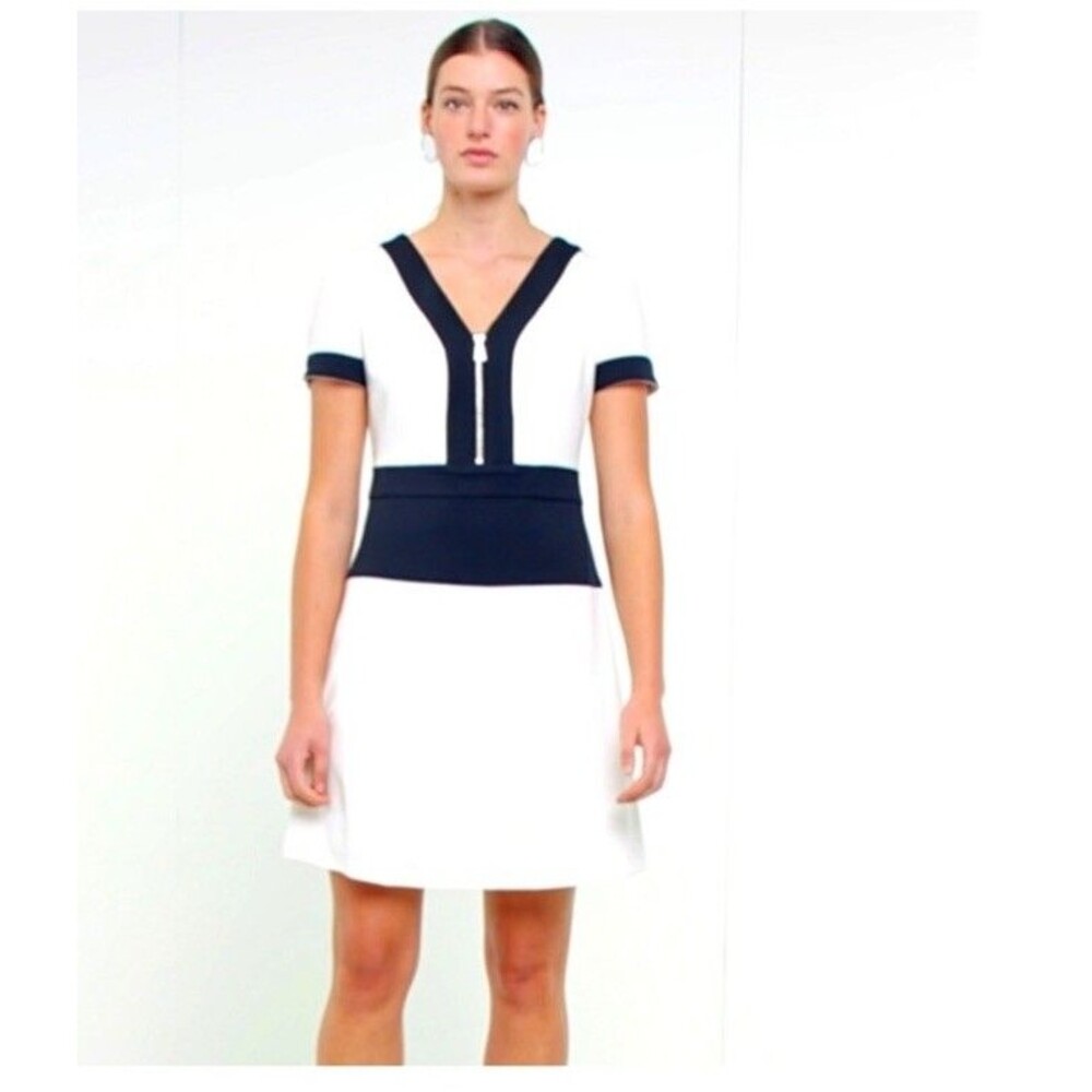 DKNY size 8 Colorblocked Zip front Fit & flare knee length dress Navy White